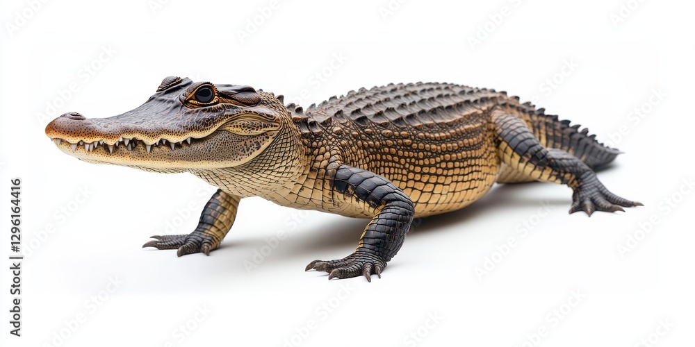 Realistic depiction of a crocodile on a white background showcasing textures and colors of skin, highlighting its sharp teeth and powerful body structure Realistic depiction of a crocodile on a white background showcasing textures and colors of skin, highlighting its sharp teeth and powerful body structure