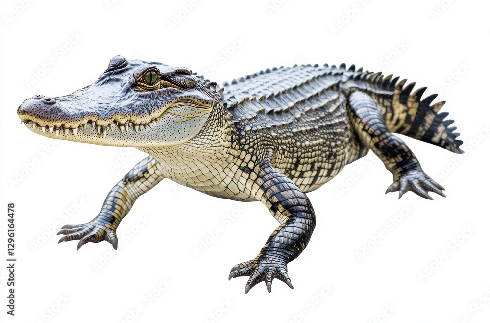 Naklejka premium Realistic depiction of a crocodile on a white background, showcasing textured skin, sharp teeth, and a poised stance in a natural pose