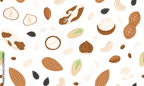 Assorted nuts and seeds seamless pattern. Walnut, almond, hazelnut, peanuts dry, pistachio, macadamia and sunflower seed. Vegan food ingredients background. Vector illustration