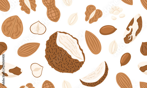 Assorted nuts and seeds seamless pattern. Walnut, almond, hazelnut, peanuts dry, pistachio, coconut, macadamia and sunflower seed. Vegan food ingredients background. Vector illustration