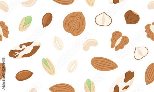 Assorted nuts and seeds seamless pattern. Walnut, almond, hazelnut, peanuts dry, pistachio. Vegan food ingredients background. Vector illustration