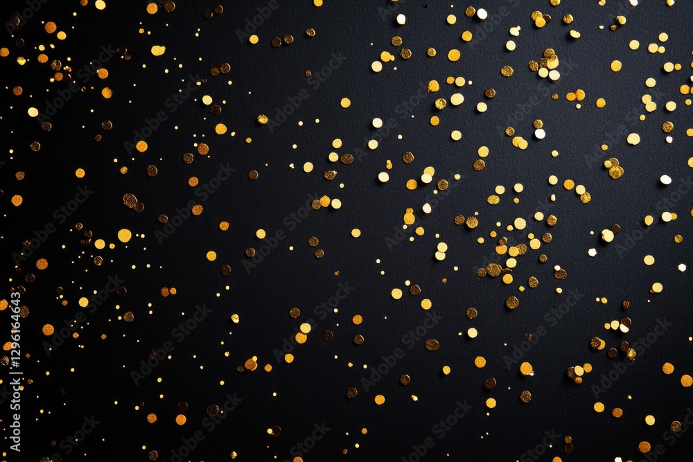 Gold glittery sparkles and confetti scattered on a dark surface, creating a festive celebration effect. Close-up view showcases the shiny sequins' reflective properties. Gold glittery sparkles and confetti scattered on a dark surface, creating a festive celebration effect. Close-up view showcases the shiny sequins' reflective properties.