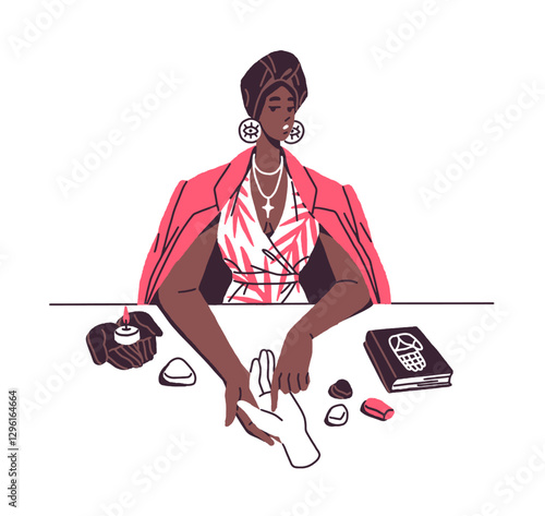 Fortune teller telling destiny by fate lines. Black fortuneteller makes divination with palmistry outline. Woman predicts future by palm reading. Flat isolated hand drawn vector illustration on white