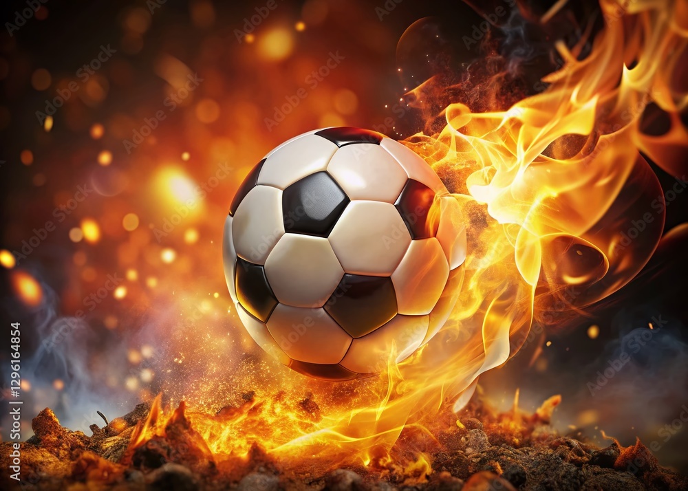 Naklejka premium Burning Soccer Ball with Dramatic Bokeh Effect - Stock Photo