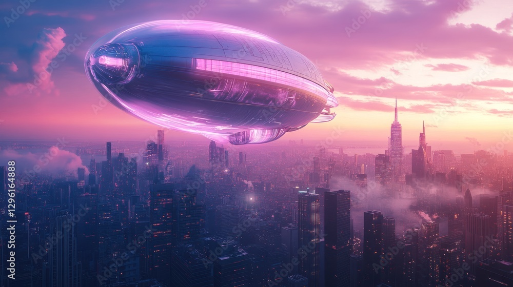 Naklejka premium Futuristic Airship Soaring Above a Cyberpunk City at Sunset