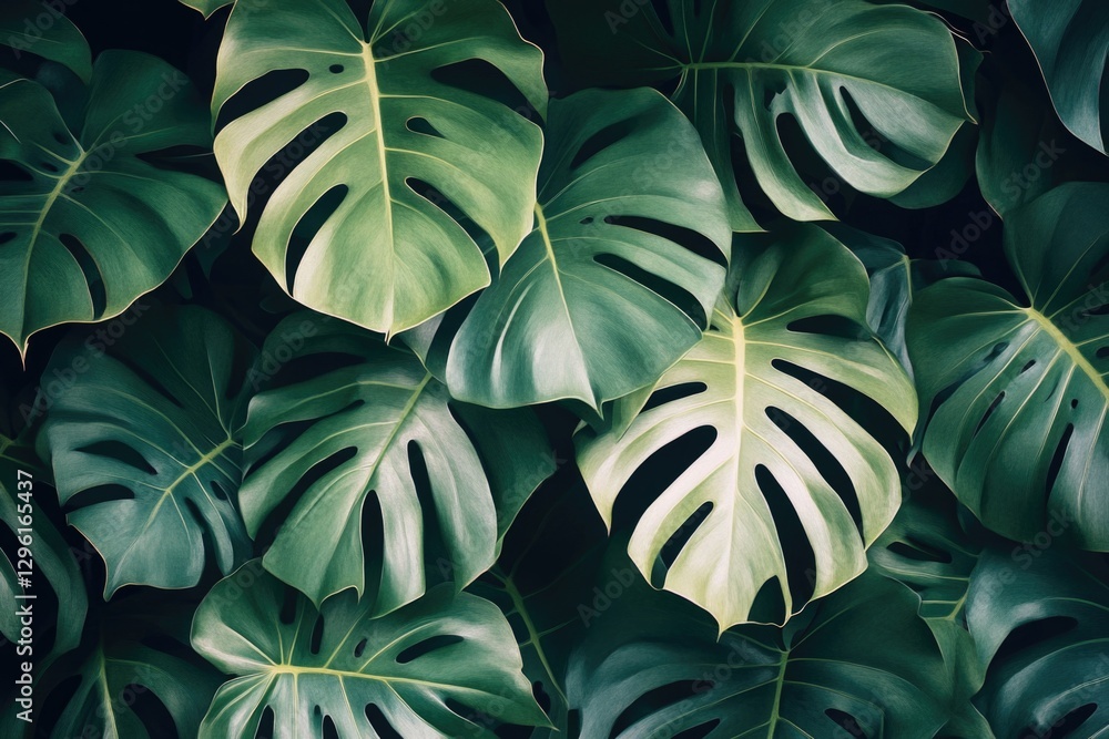 custom made wallpaper toronto digitalPhotograph of dense tropical palm leaves with varied sizes and textures against a blurred gray background.