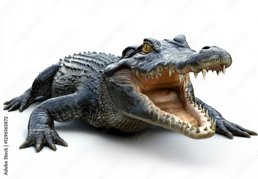 Obraz premium Realistic depiction of a crocodile with open mouth showing sharp teeth, showcasing texture and detail of reptilian skin against a plain background