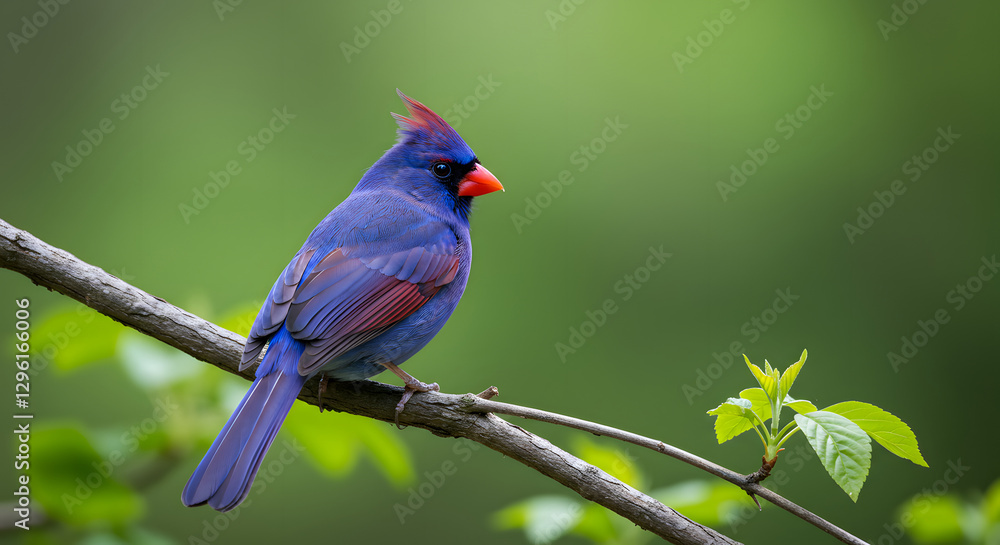 Fototapeta premium A vibrant blue cardinal perched on a tree branch amidst fresh green spring leaves. The bird's bright plumage and red beak contrast beautifully against the natural background 