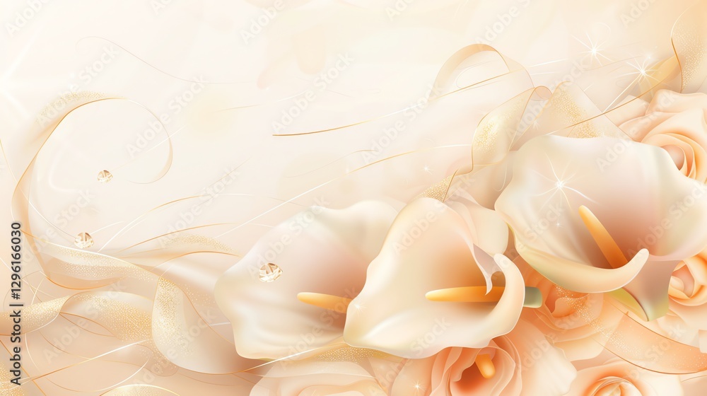 Fototapeta premium A delicate floral illustration with white calla lilies, peach roses, and a shimmering, peachy background.