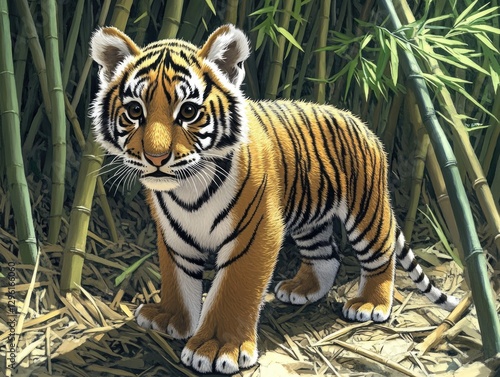 Adorable baby tiger standing amid bamboo, reflecting on the serene life in the jungle.