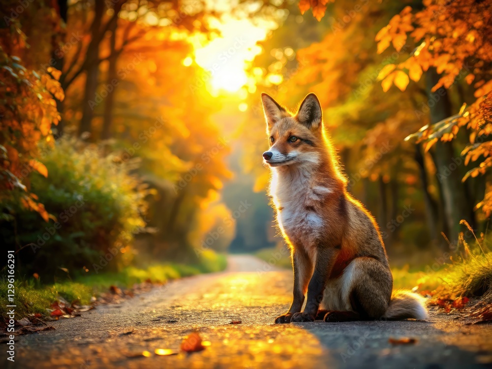 Fototapeta premium Golden hour paints a breathtaking scene: a majestic fox graces a scenic autumn highway.