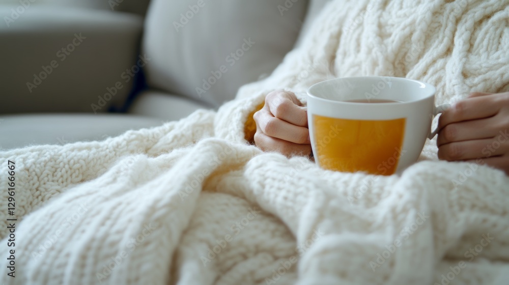 Rare illness patient relaxing with a warm blanket on a sofa, sipping herbal tea in a cozy living room. Featuring comfort and healing Rare illness patient relaxing with a warm blanket on a sofa, sipping herbal tea in a cozy living room. Featuring comfort and healing