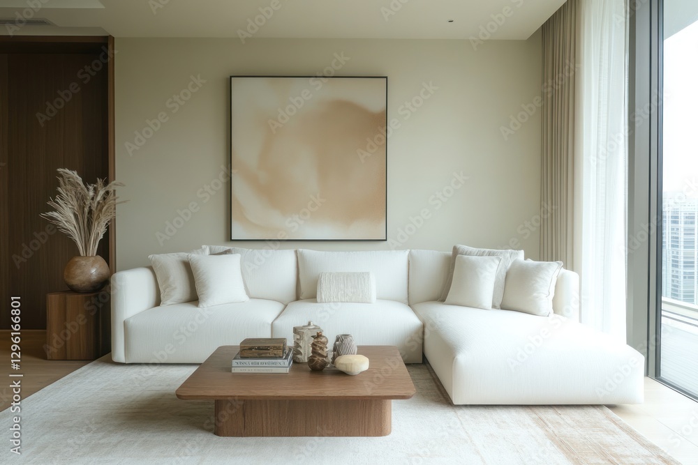 Modern minimalist living room with white sectional sofa, wooden coffee table, and beige artwork. Modern minimalist living room with white sectional sofa, wooden coffee table, and beige artwork.