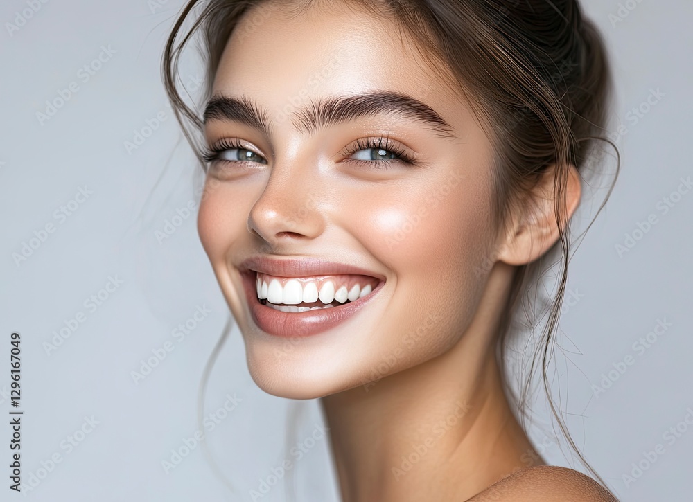 Naklejka premium Beautiful young woman smiling with perfect teeth on a gray background, close-up portrait, beauty and skin care concept, copy space for text, 