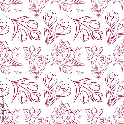 Seamless pattern with spring flower tulip, peony, daffodil and crocus in line art style. Hand drawn floral design for fabric print and nature background.
