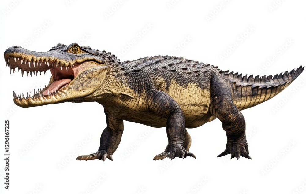 Naklejka premium Realistic depiction of a prehistoric crocodile-like creature with powerful jaws and strong limbs, showcasing its fierce appearance and detailed texture