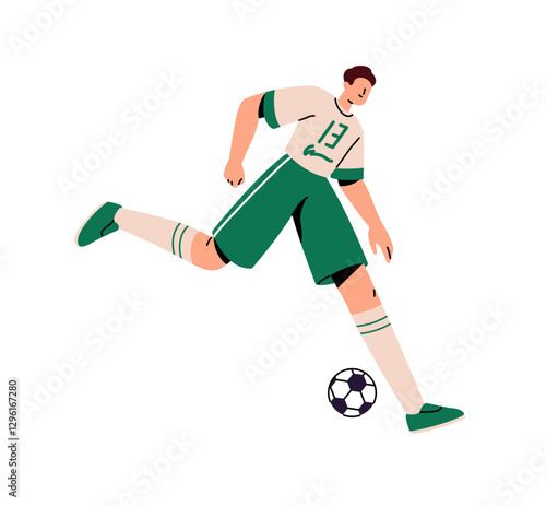 Professional football player runs, kicks ball to goal. Athlete training, plays soccer. Sportsman in uniform rushing to win in sport game, match. Flat isolated vector illustration on white background