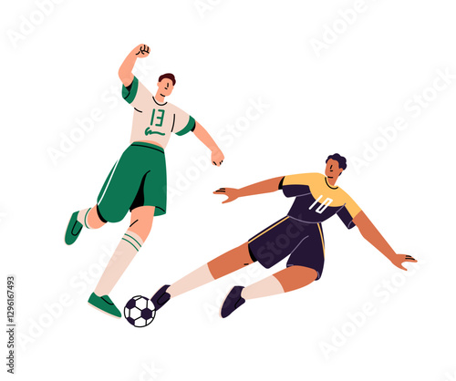 Professional football player runs, dribbling ball, sports opponent kicks, hits with foot it. Sportsmen play in international soccer match, game. Flat isolated vector illustration on white background
