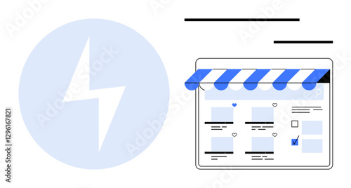 E-commerce website under a blue and white striped awning, adjacent to a lightning bolt icon. Ideal for online business, retail, digital marketing, fast service, technology, web development