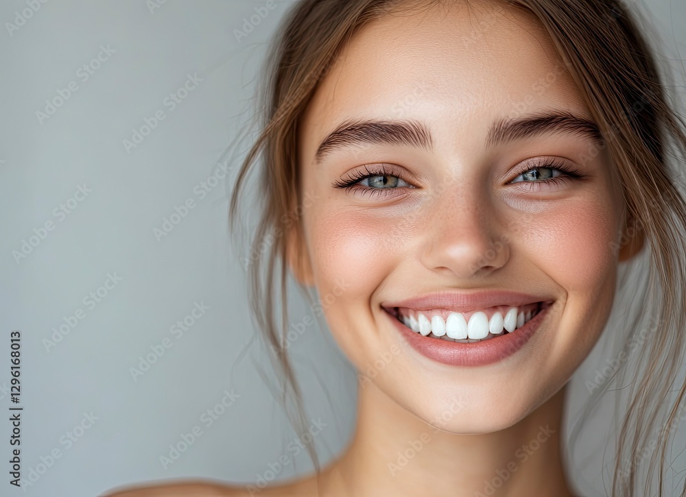 Beautiful young woman smiling with perfect teeth on a gray background, close-up portrait, beauty and skin care concept, copy space for text, Beautiful young woman smiling with perfect teeth on a gray background, close-up portrait, beauty and skin care concept, copy space for text,