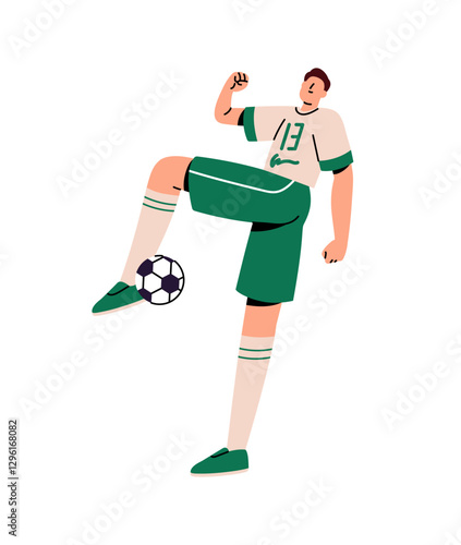 Athlete in uniform plays soccer. Sportsman kicks, hits, bounces ball with foot. Professional football player training sports tricks, dribbling. Flat isolated vector illustration on white background
