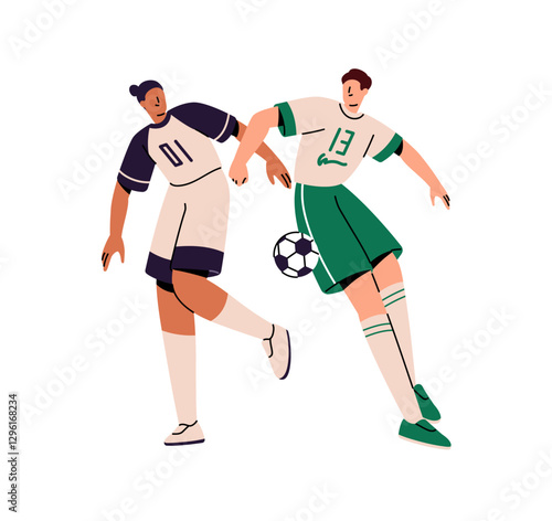 Soccer opponents in uniforms play, rushing to win. Professional football players dribbling, kicks, hits ball. Sports game match, championship. Flat isolated vector illustration on white background