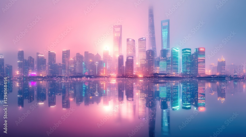Fototapeta premium Shanghai Skyline Reflection: A Dreamlike Cityscape at Dusk