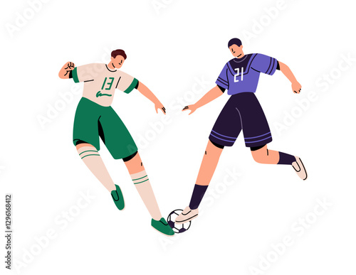 Professional football players kick, hit ball with foot. Sports opponents play in soccer match. Sportsmen in uniform pass, dribbling, goal. Flat isolated vector illustration on white background