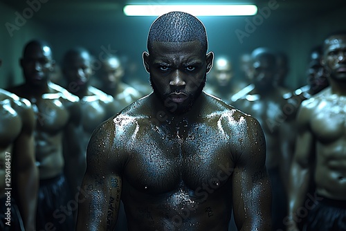 Powerful, sweaty muscular man stands out from a line of similarly built men, showcasing determination and strength.  A compelling metaphor for teamwork, competition, or overcoming adversity.