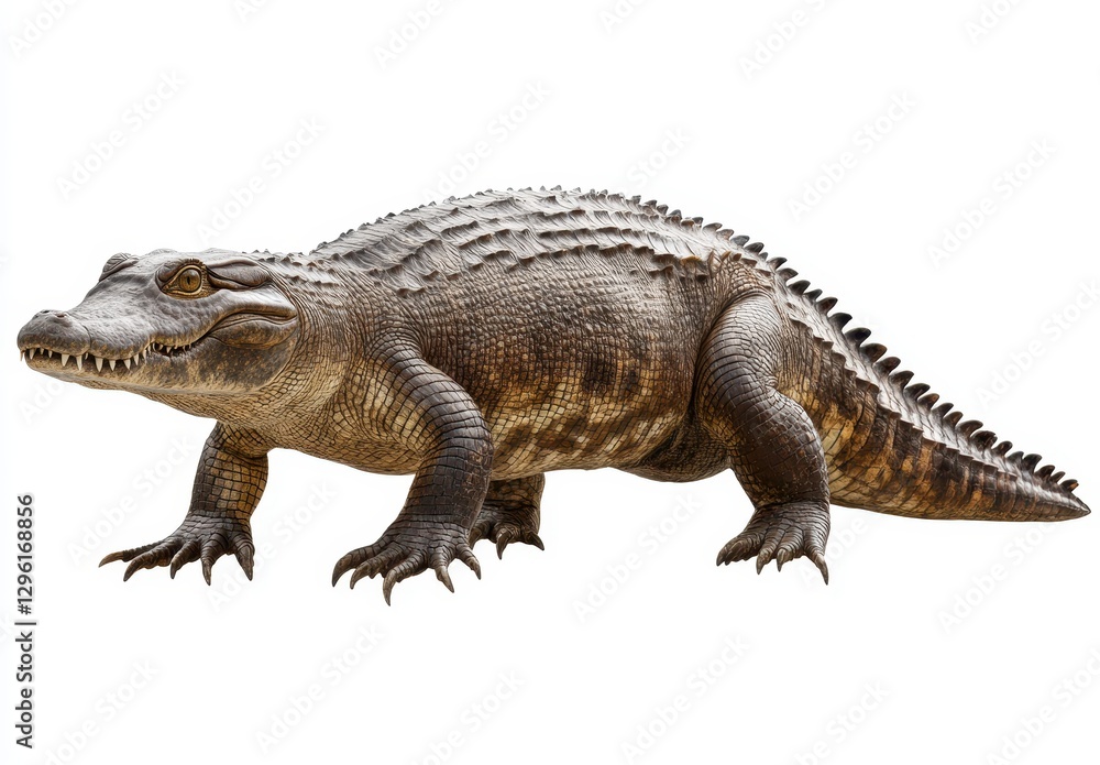 Realistic depiction of an ancient crocodilian creature on a white background showcasing unique textures and features of prehistoric reptile Realistic depiction of an ancient crocodilian creature on a white background showcasing unique textures and features of prehistoric reptile