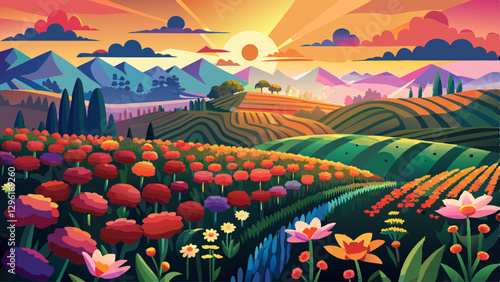 Flower field called Tung Bua Tong in the sunset, The north of Thailand