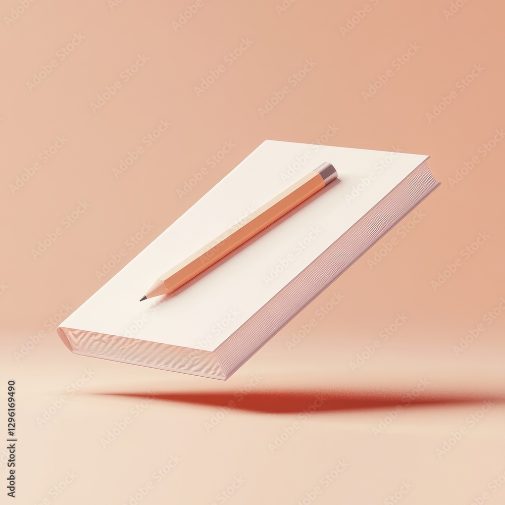 A floating notebook with pencil resting on its blank surface A floating notebook with pencil resting on its blank surface
