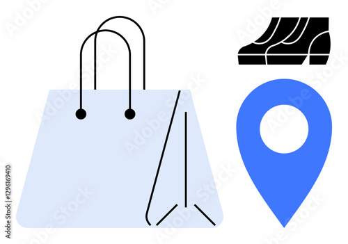 Shopping bag with handles, blue location marker pin, and three-tiered retail store shelving. Ideal for retail, shopping, store location, navigation, logistics consumer behavior e-commerce. Abstract