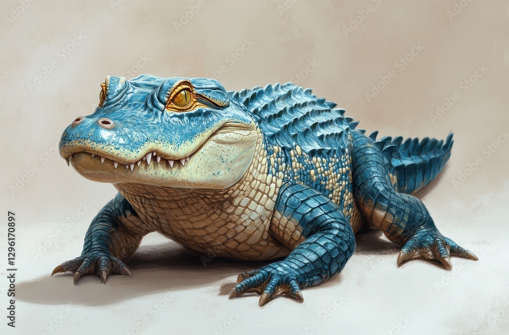 Obraz premium Realistic illustration of a blue-scaled crocodile with textured skin, showcasing vibrant yellow eyes and intricate details in a neutral background setting