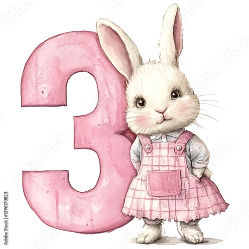 Adorable Watercolor Bunny in Pink Dress, Beside Number Three. Sweet Easter Artwork! photo