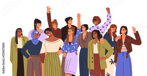 International womens day, 8 March. Female group, feminists support equality. Different happy girls are together. Multiethnic sisterhood community greeting. Flat isolated vector illustration on white