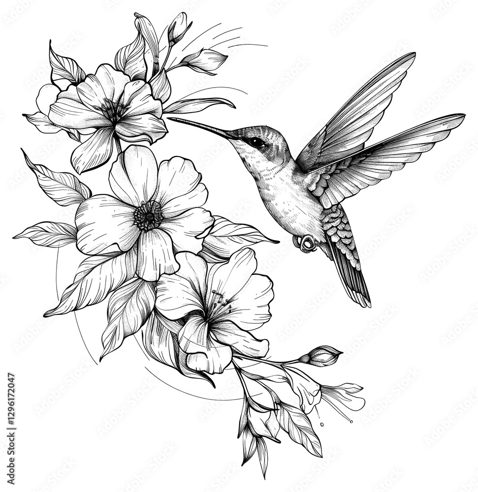 Obraz premium PNG Celestial illustration of Hummingbird with Flowers hummingbird drawing flowers.