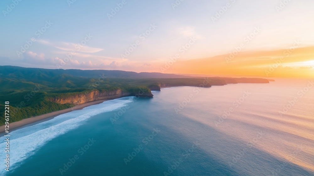 Fototapeta premium Sunset over a serene coastline with lush green hills and gentle waves in the evening sky