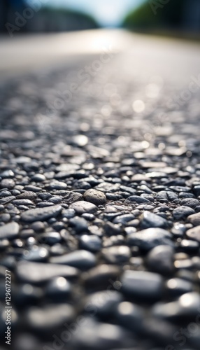 Low angle close up of a newly paved asphalt road with defined centerline and surrounding foliage photo