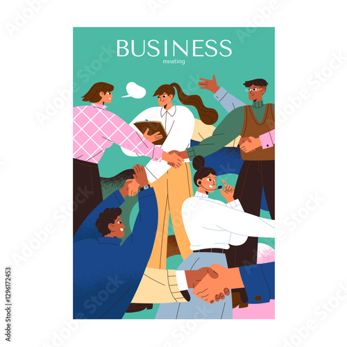 Team greeting on meeting concept poster. Group of office workers, employees communicates, discusses business tasks, shares ideas together. Colleagues teamwork, brainstorm. Flat vector illustration