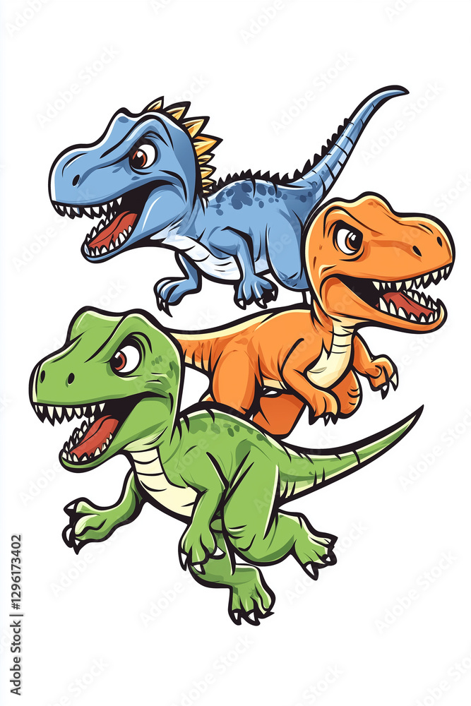 Fototapeta premium Exciting dinosaur race featuring three colorful dinosaur characters in a playful competition