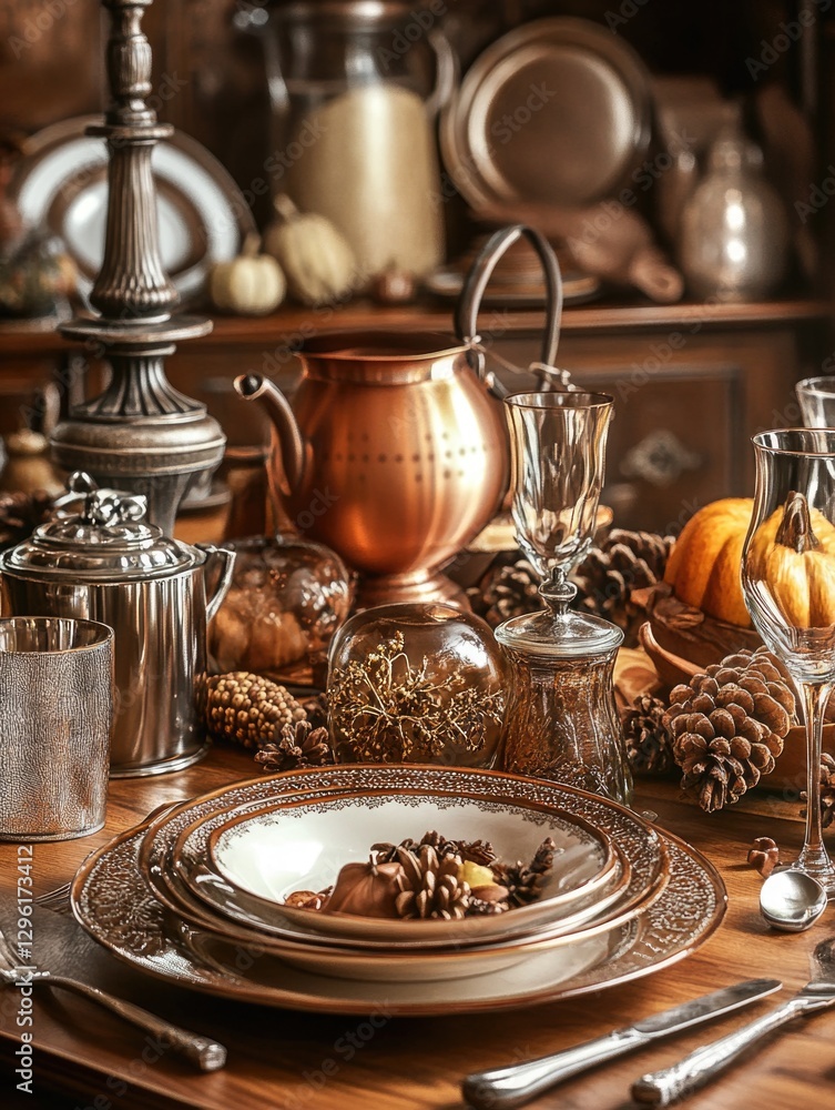 Fototapeta premium Traditional autumn dinner table setting with vintage plates, copper pots, and seasonal decorations. Includes gourmet meal of fruit and nuts, surrounded by warm holiday ambiance.