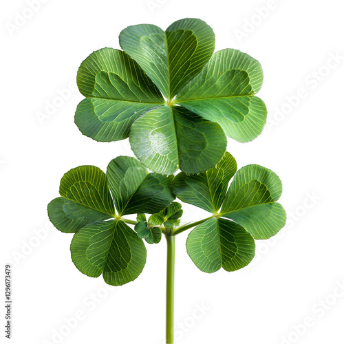 Detailed view of a four-leaf clover symbolizing luck, fortune, and nature's beauty. The bright green leaves contrast against a clean background, creating a fresh and harmonious appearance.