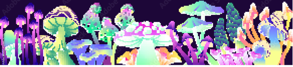 Neon psychedelic mushrooms on horizontal banner. Background with different psilocybin boletus. Trippy, poisonous boletes. Magic, toxic plants. Hallucinogenic forest fungus. Flat vector illustration Neon psychedelic mushrooms on horizontal banner. Background with different psilocybin boletus. Trippy, poisonous boletes. Magic, toxic plants. Hallucinogenic forest fungus. Flat vector illustration