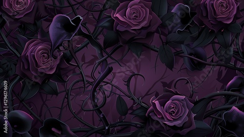 Dark purple roses with thorny stems on a deep purple background.