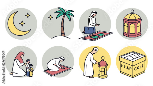 Eight ramadan muslim celebration icons