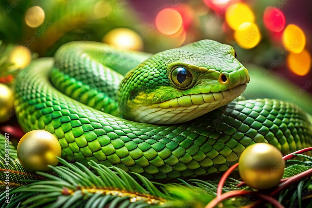 Fototapeta premium Close-up Green Snake, Festive New Year's Nature Photography