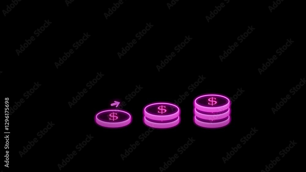 Neon glowing dollar coin icon animated on a black background. Neon glowing dollar coin icon animated on a black background.