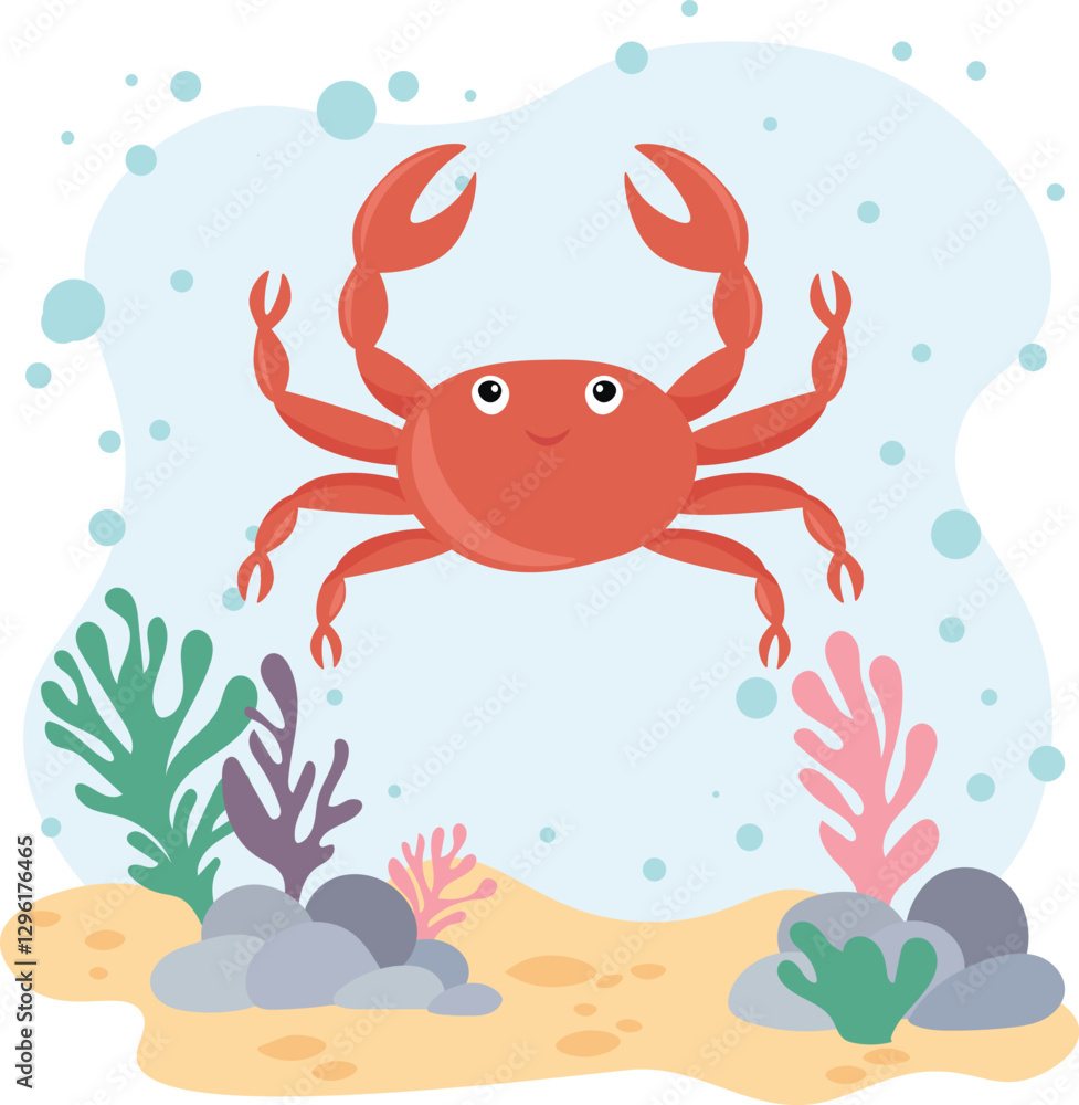 Cute crab against the background of the sea. Postcard, sticker. Children's educational material Cute crab against the background of the sea. Postcard, sticker. Children's educational material