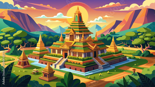 Khmer pagoda at Odong Mountain front Overview